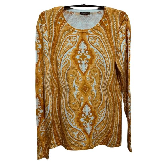 J. McLaughlin Paisley Crew Neck Pullover Top Sz S LS Button Detail Orange White - Picture 1 of 6